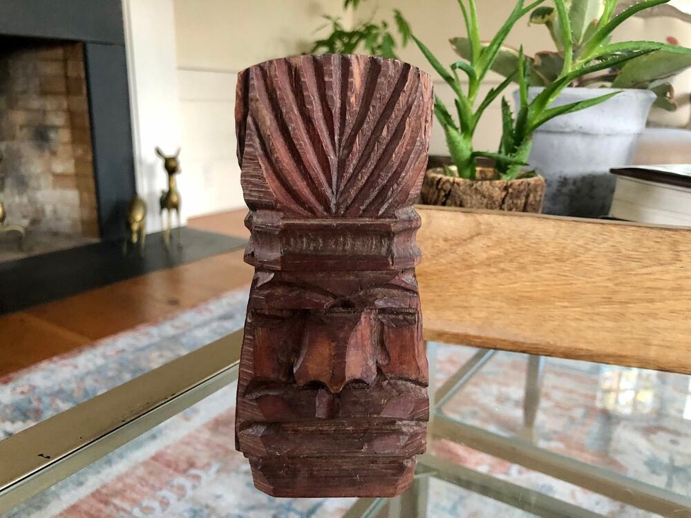 Vintage Hand Carved Wood Face Statue Candlestick Holder Bookend Folk Art